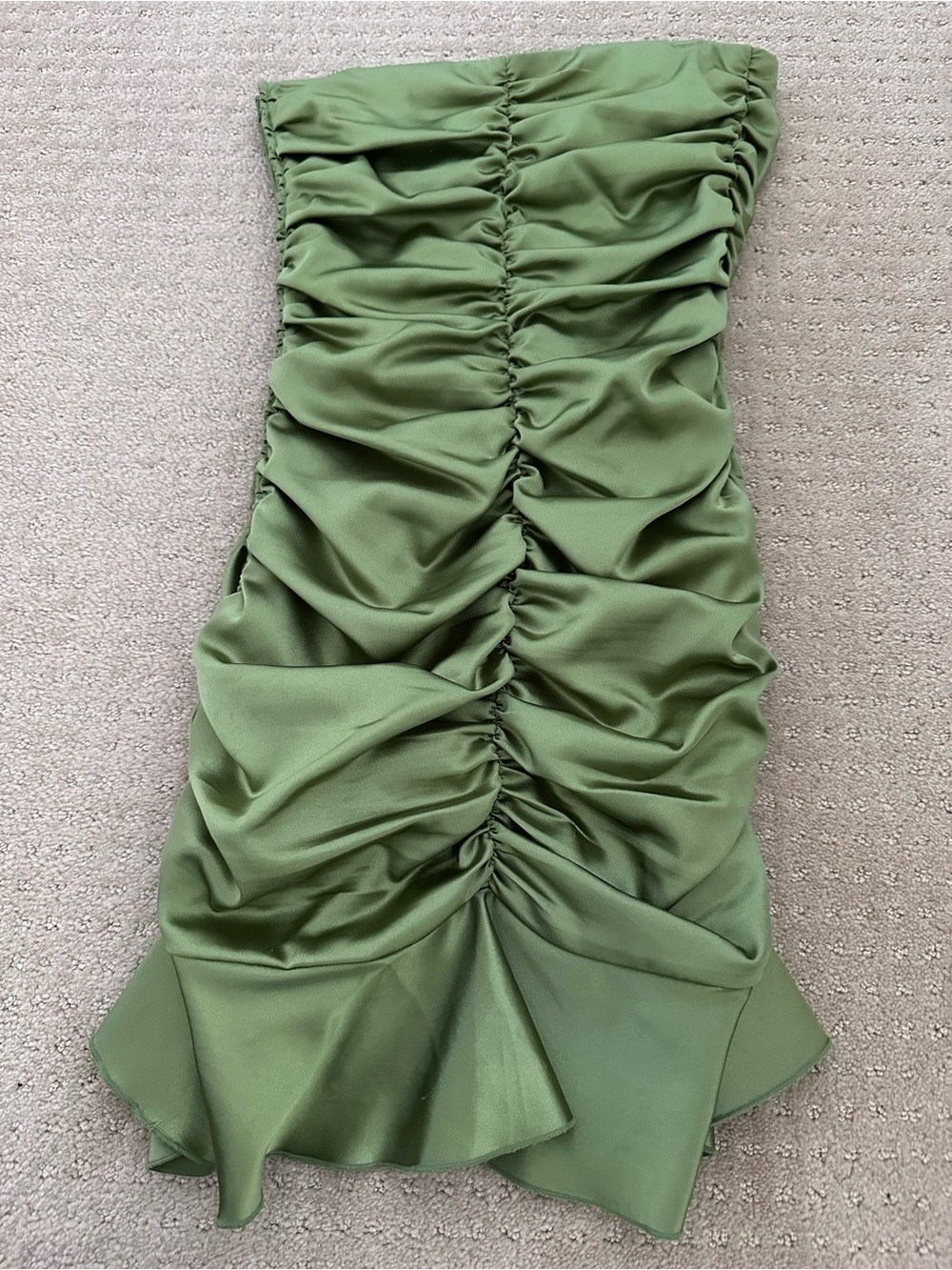 Jessica McClintock Vintage Olive Green Ruched Strapless Mini Dress